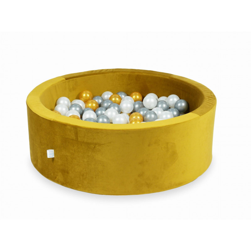 Rankų darbo apvalus velvetinis geltonas kamuoliukų baseinas 90x30 su 200 vnt. kamuoliukų