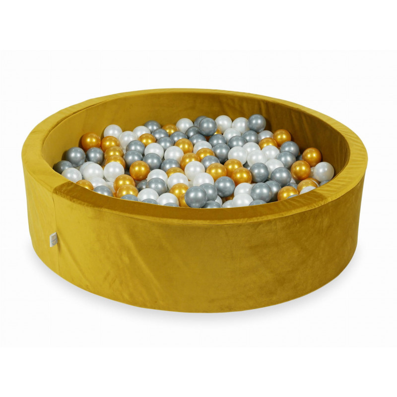 Rankų darbo apvalus velvetinis geltonas kamuoliukų baseinas 110x30 su 200 vnt. kamuoliukų