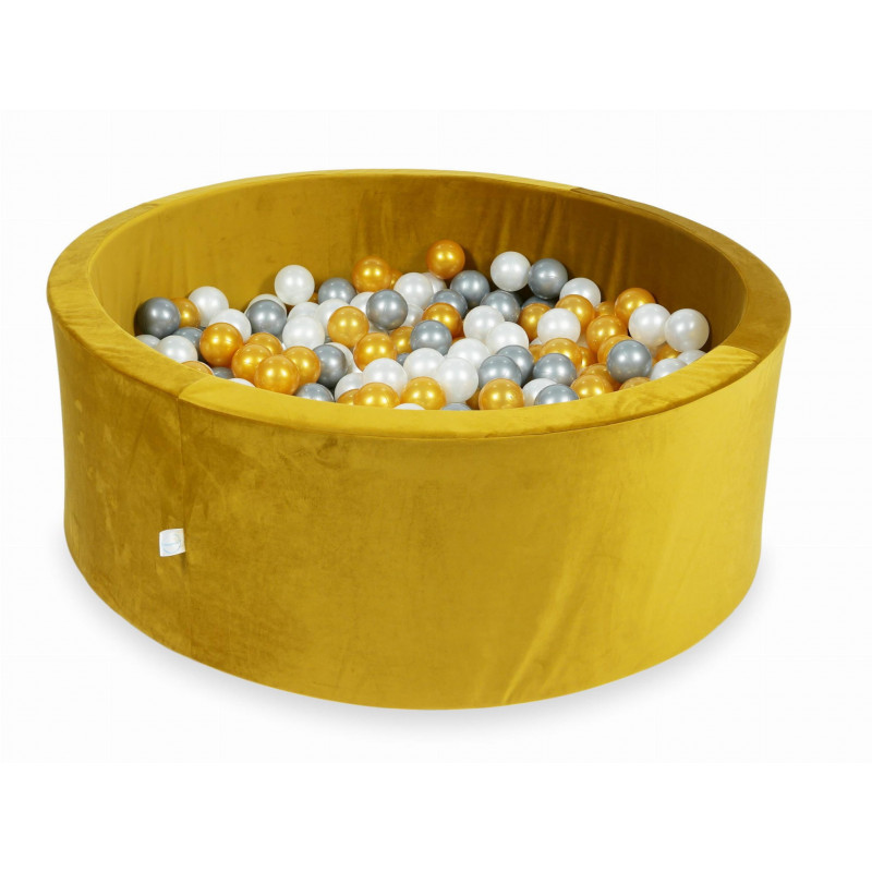 Rankų darbo apvalus velveltinis geltonas kamuoliukų baseinas 110x40 su 200 vnt. kamuoliukų