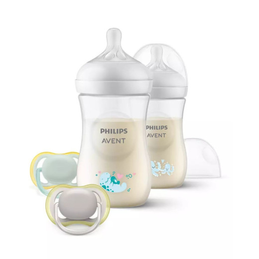 AVENT SCD837/11 2 Responsive Natural 260 ml dekoruotų buteliukų rinkinys + Ultra Air 0-6m čiulptukas