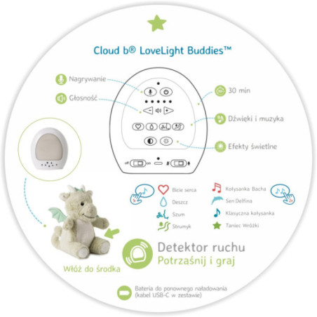 CLOUD B CLTT-7701 Triukšmingas drakonas su judesio jutikliu ir muzikine dėžute, žalias