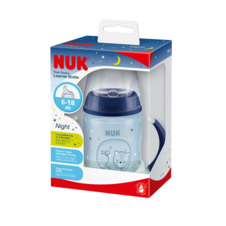 NUK ZE-102 rinkinys FC buteliukas 150 ml su rankenėlėmis NIGHT+Free silikoninis kandiklis be lašėjimo