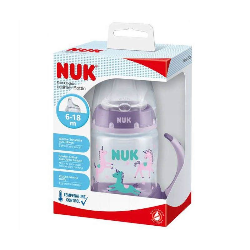 NUK ZE-105 rinkinys FC buteliukas 150 ml su rankenėlėmis ir temperatūros indikatoriumi + nemokamas silikoninis kandiklis be 