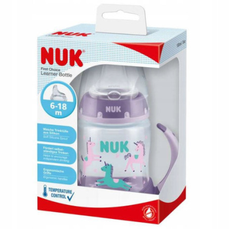 NUK ZE-105 rinkinys FC buteliukas 150 ml su rankenėlėmis ir temperatūros indikatoriumi + nemokamas silikoninis kandiklis be 