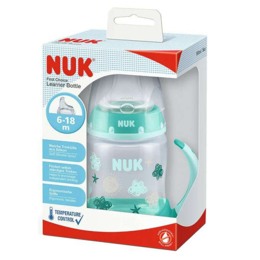 NUK ZE-114 FC buteliukas 150ml su rankenėlėmis ir temperatūros indikatoriumi sil.niekapek kandiklis žalias+smo.usp.6-18m Ha