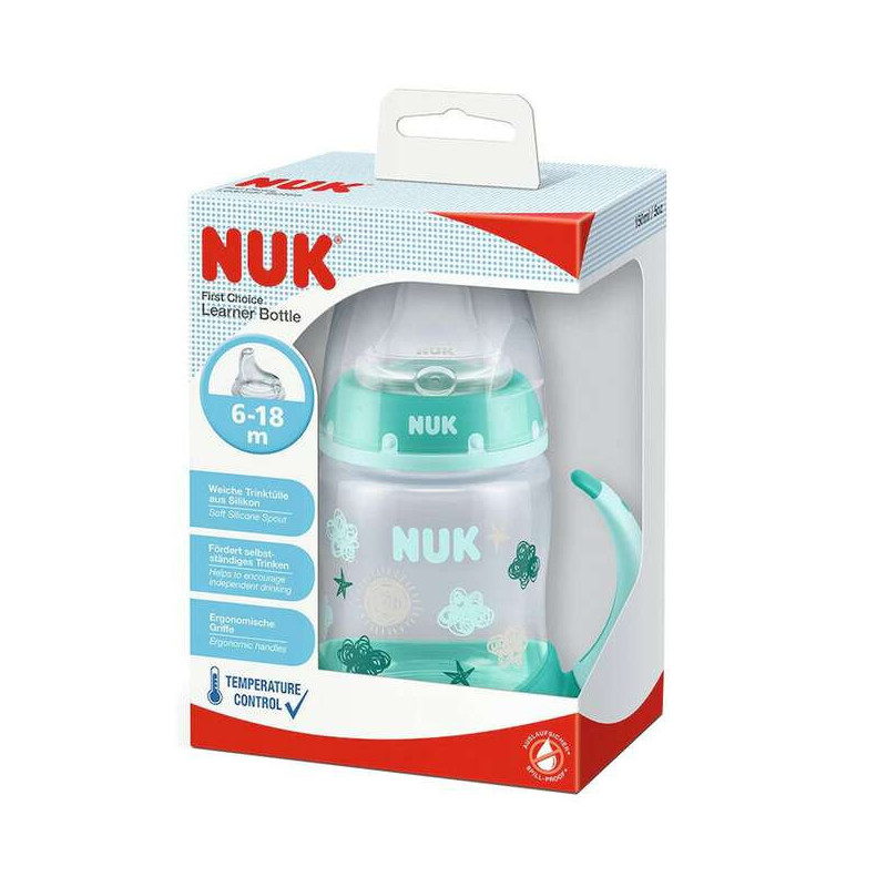 NUK ZE-114 FC buteliukas 150ml su rankenėlėmis ir temperatūros indikatoriumi sil.niekapek kandiklis žalias+smo.usp.6-18m Ha