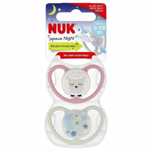 NUK 736619 SPACE NIGHT silikoninis manekenas 6-18 m 2 vnt.