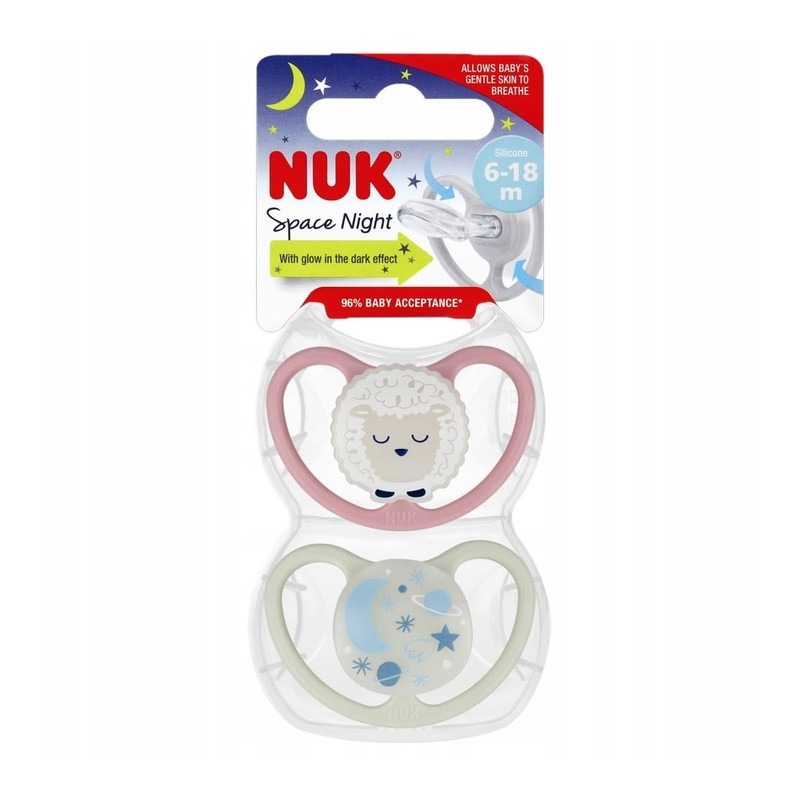 NUK 736619 SPACE NIGHT silikoninis manekenas 6-18 m 2 vnt.