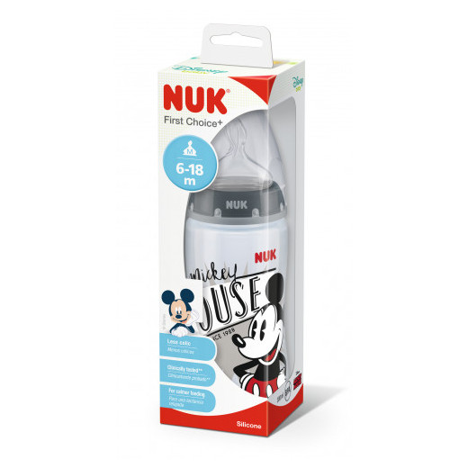 NUK 741019 FC+ PP 300 ml buteliukas su temperatūros indikatoriumi DISNEY M Mickey Mouse silikoninis čiulptukas M 6-18