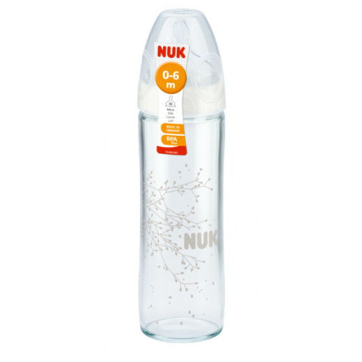 NUK 745080 FC+ stiklinis buteliukas 240ml NEW CLASSIC silikoninis čiulptukas 1M