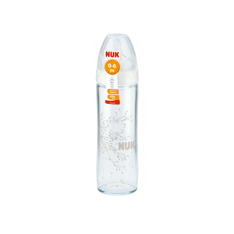 NUK 745080 FC+ stiklinis buteliukas 240ml NEW CLASSIC silikoninis čiulptukas 1M