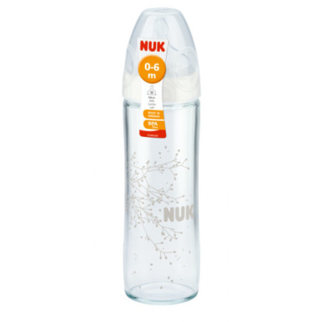 NUK 745080 FC+ stiklinis buteliukas 240ml NEW CLASSIC silikoninis čiulptukas 1M